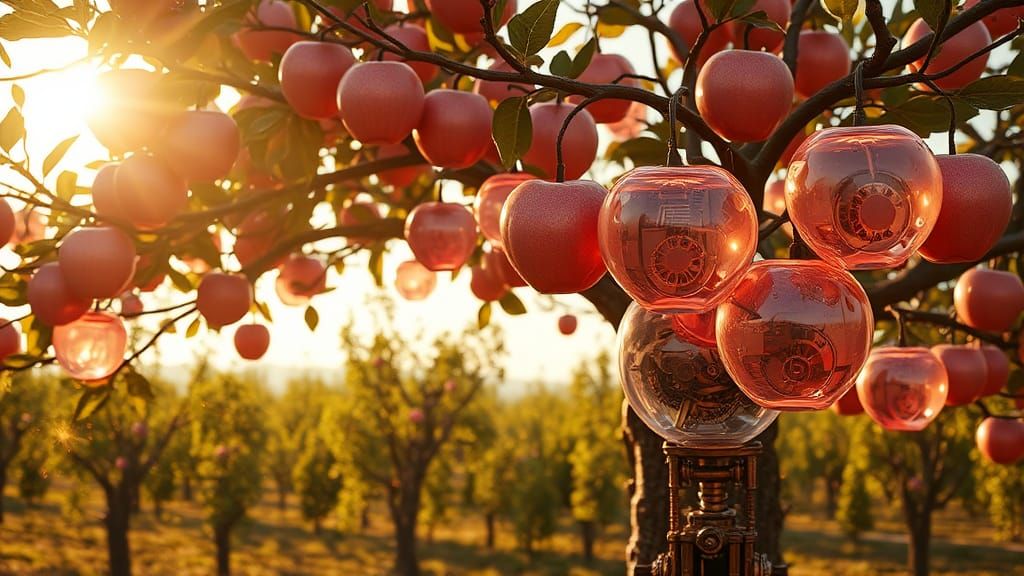 Mechanical Tree with Crystalline Plums in Orchard