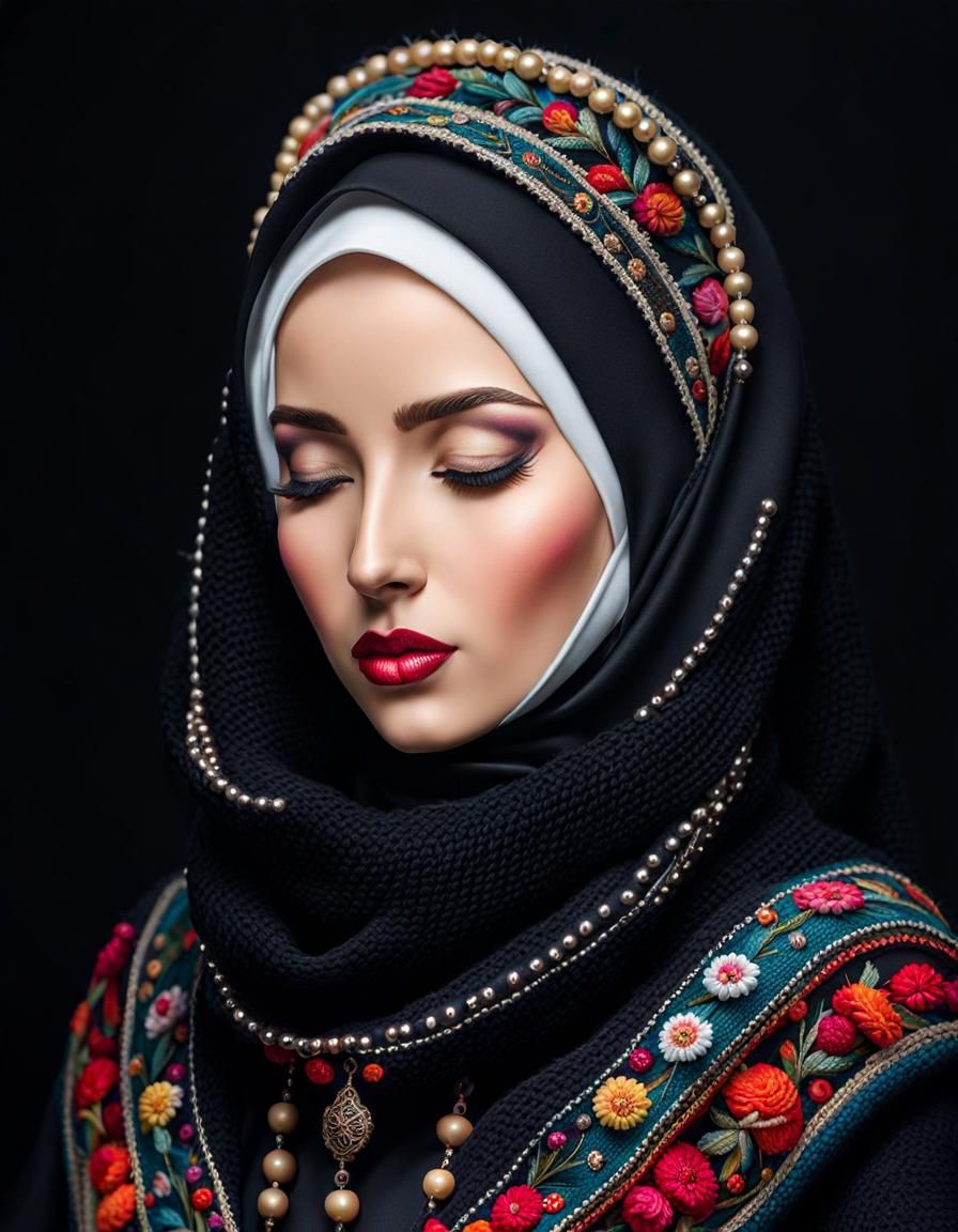 German Woman in Hijab with Embroidered Mask