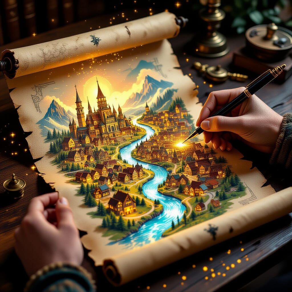 Ancient Scroll Map Unveiling Vibrant Miniature Worlds