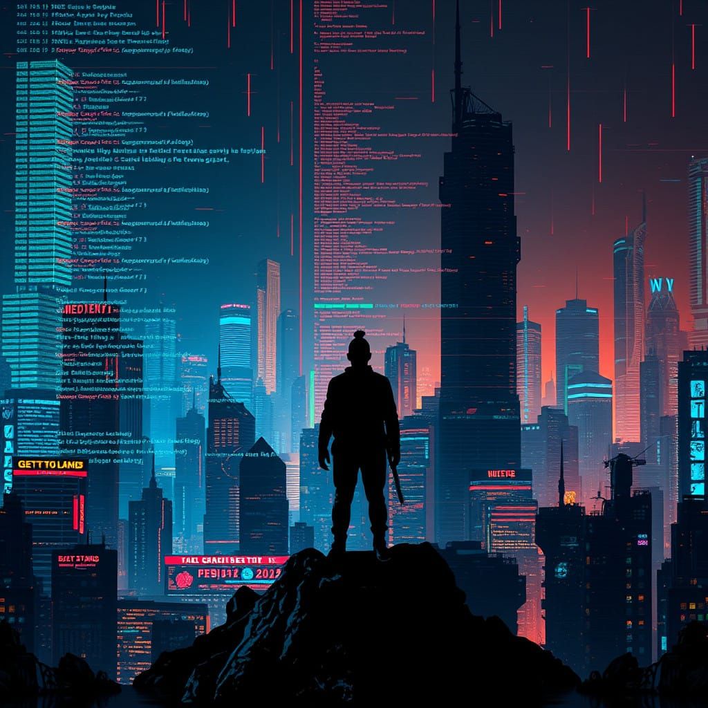 Distorted Figure Amidst Cyberpunk Ruins in Neon Hues
