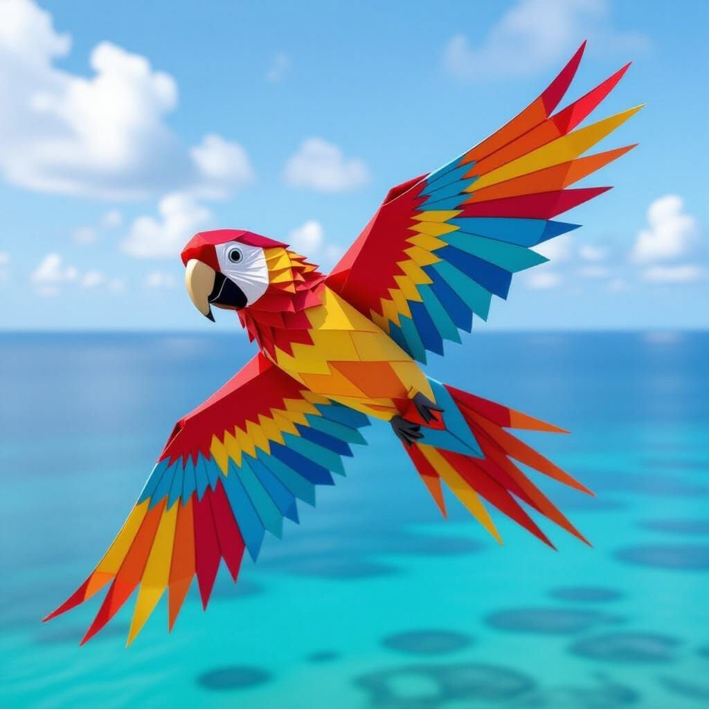 Origami Parrot Soaring Over Turquoise Sea
