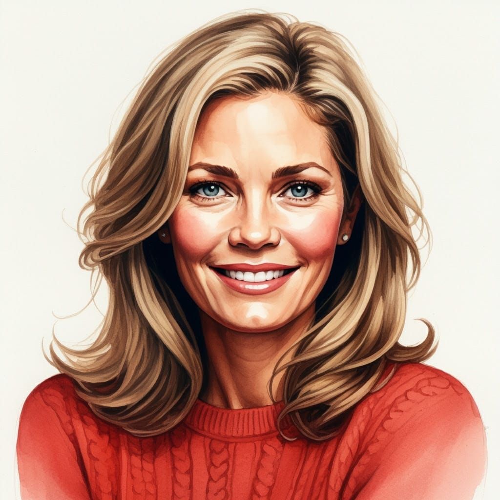 Watercolor Portrait of Jaclyn Smith in Red Sweater