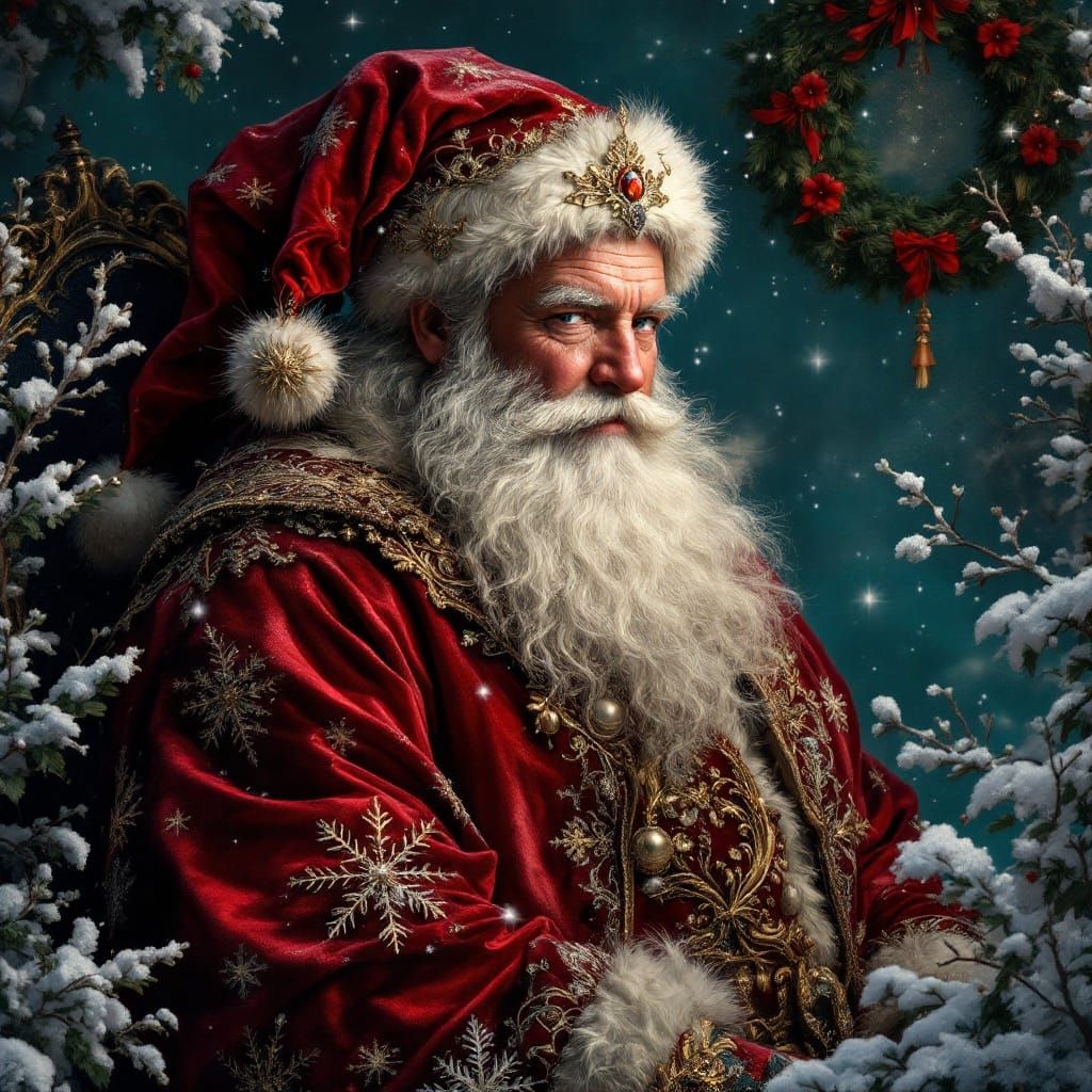 Santa Claus in Whimsical Fantasy Landscape with Baroque Deta...