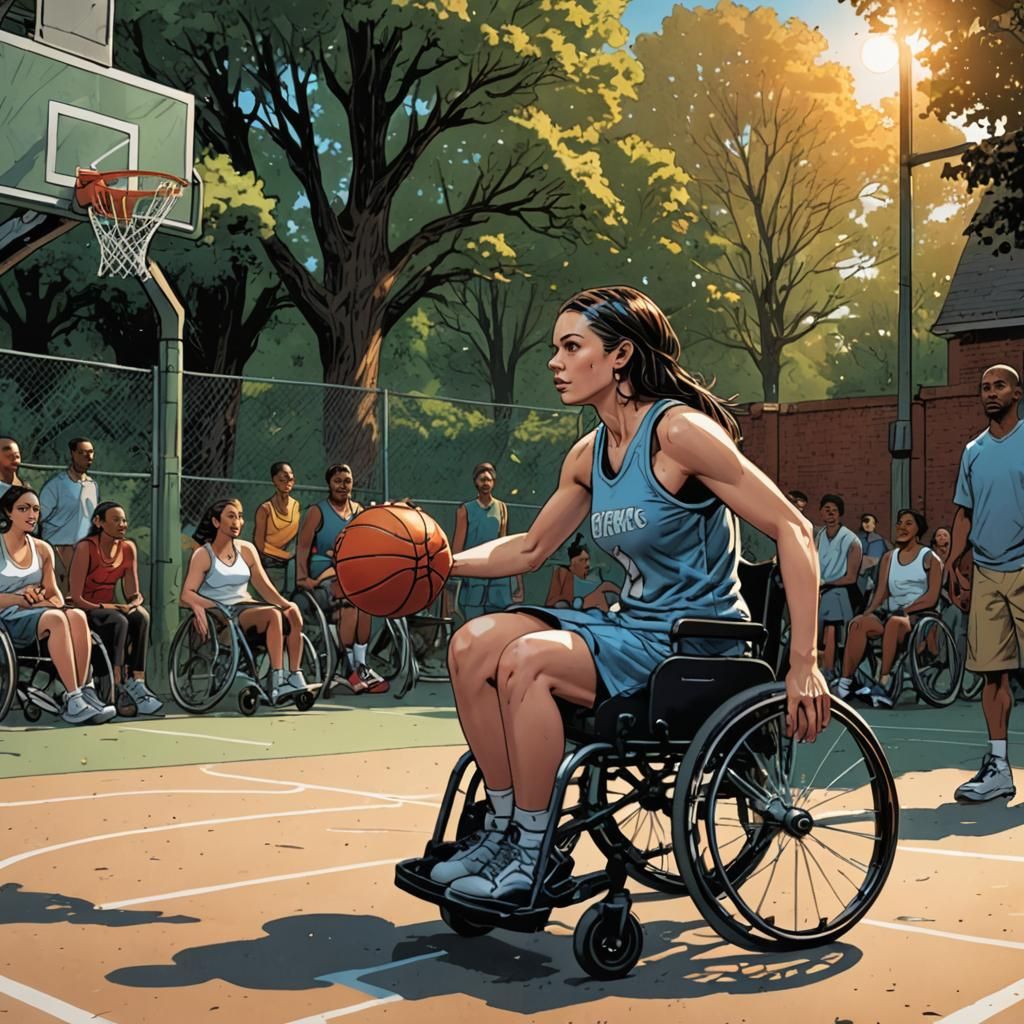 Woman in Wheelchair Plays Basketball, Comic Book Art