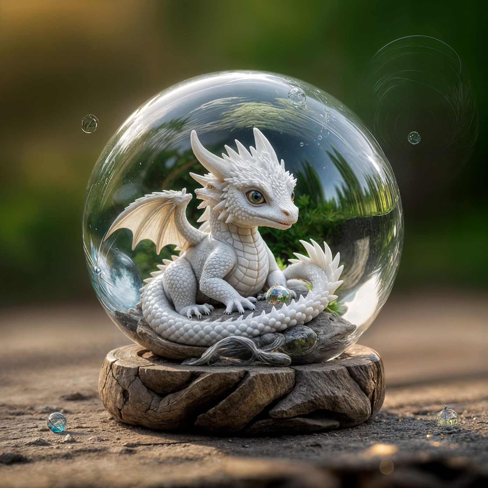 Glass Orb Holds Tiny White Dragon Baby