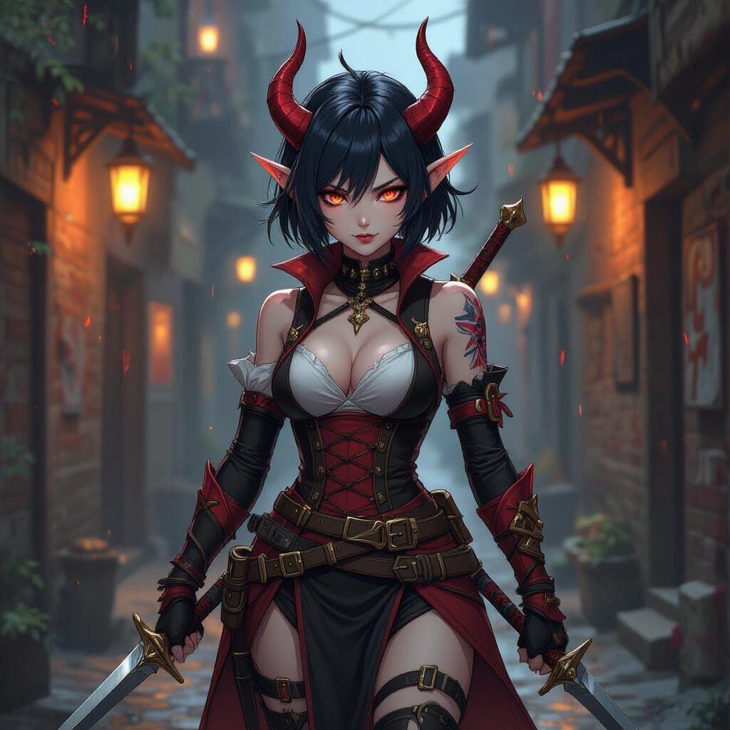 Abyssal Tiefling Bard Assassin with Daggers in Slums