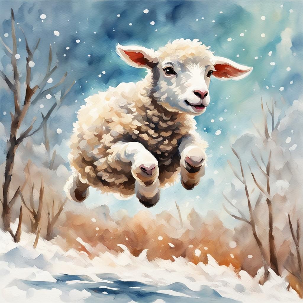 Lamb Jumping in Snow, Gouache Impressionist Painting