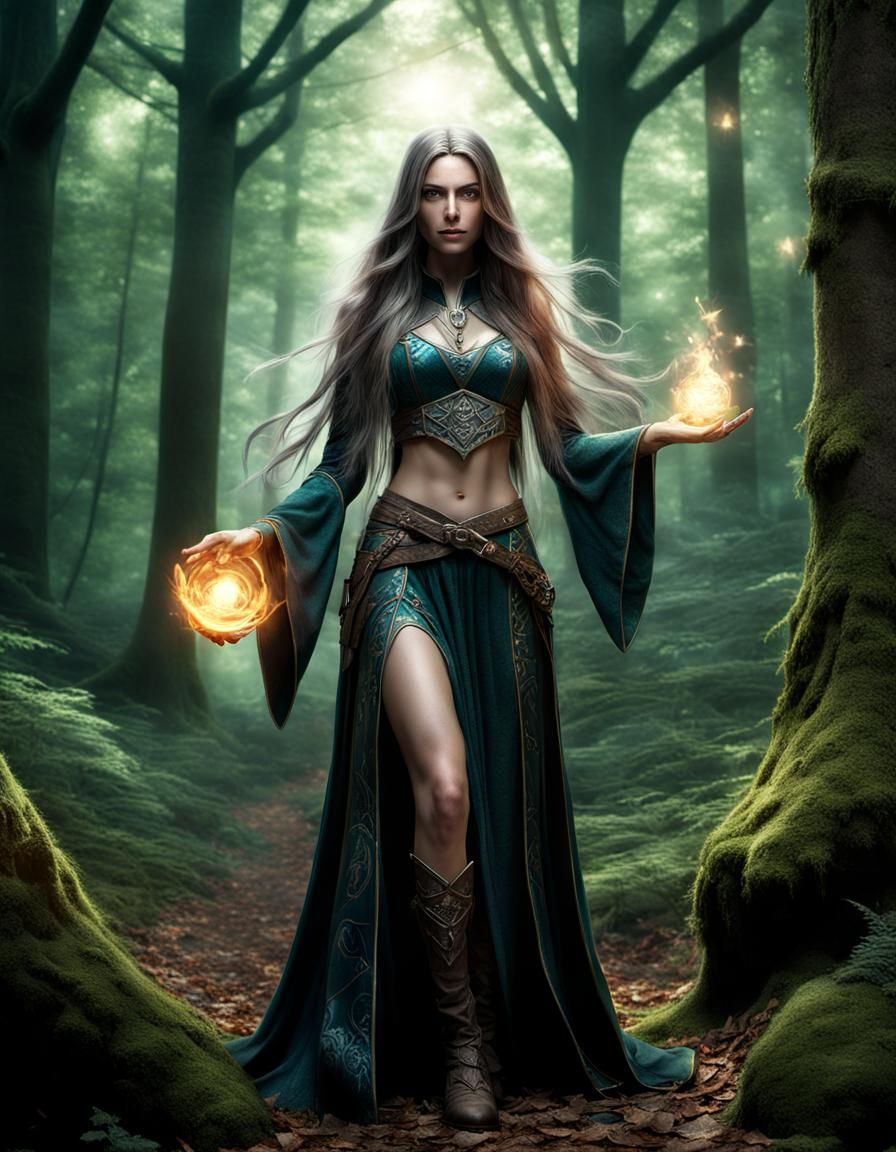 Female Wizard Conjuring Magic in Hyperrealistic Style