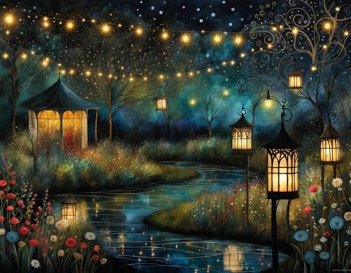 Enchanted Night Garden with Twinkling Lights