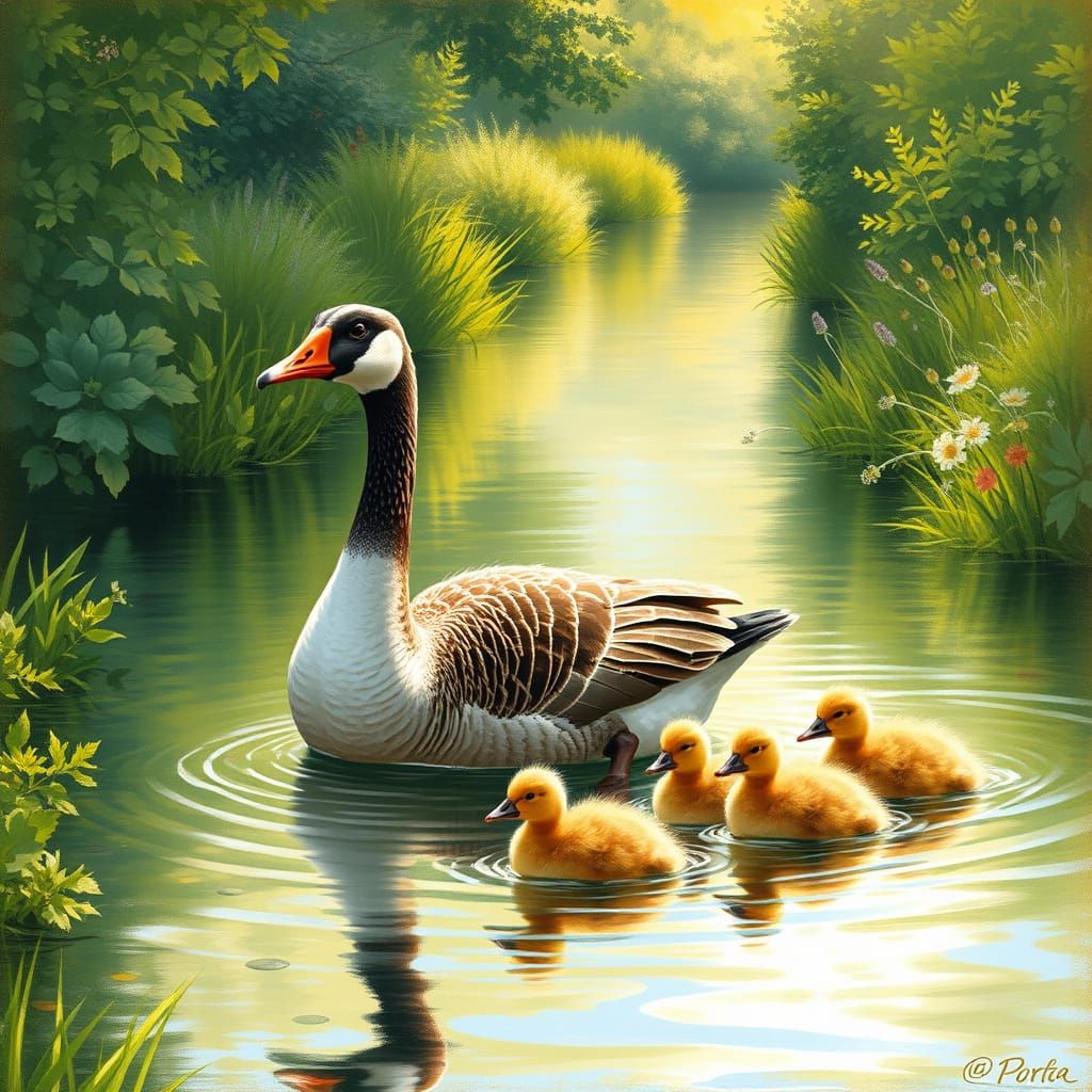 Mother Goose and Goslings in a Sunny River