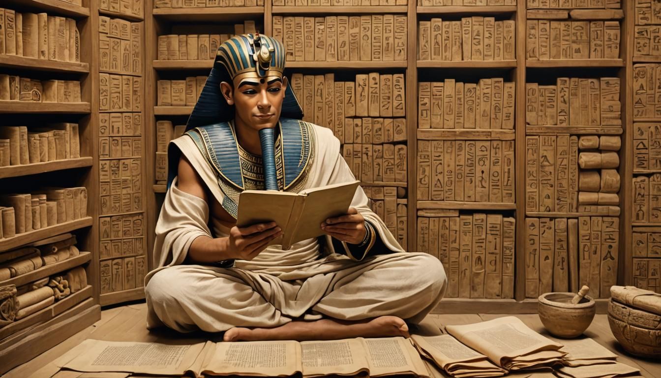 Ancient Egyptian Scribe Immersed in Scroll Library