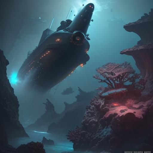 Deep Sea Diver in Fantastical Underwater Scene