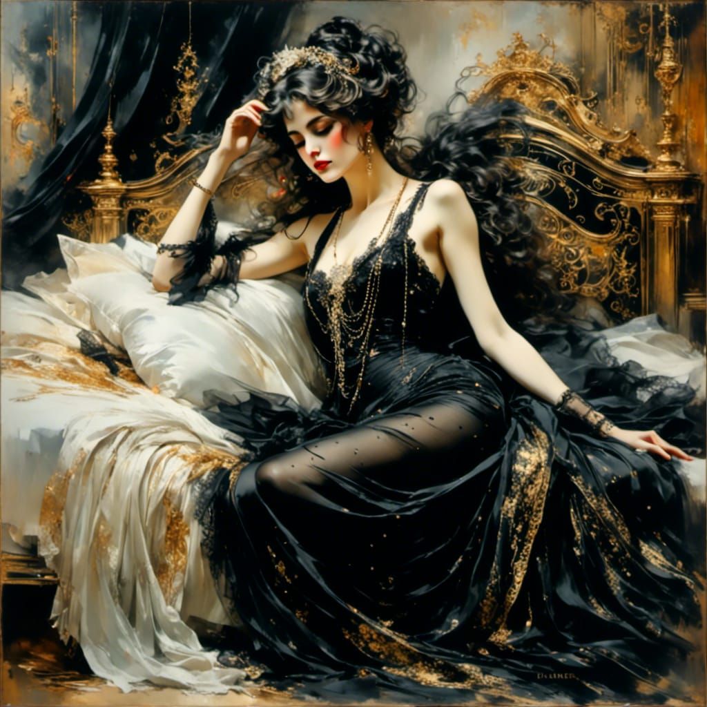 Elegant Woman in Luxury Bedroom: Painterly Style