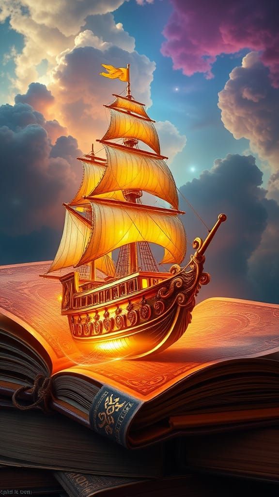 Glowing Pirate Ship Emerges from Storybook in Cyberpunk Styl...