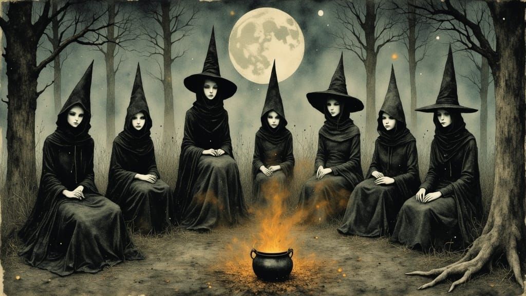 Surreal Witch Coven Gathering Under Moonlight
