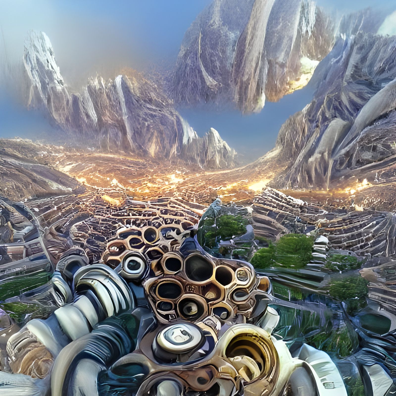 Bustling Spiral City of Robots and Skyscrapers