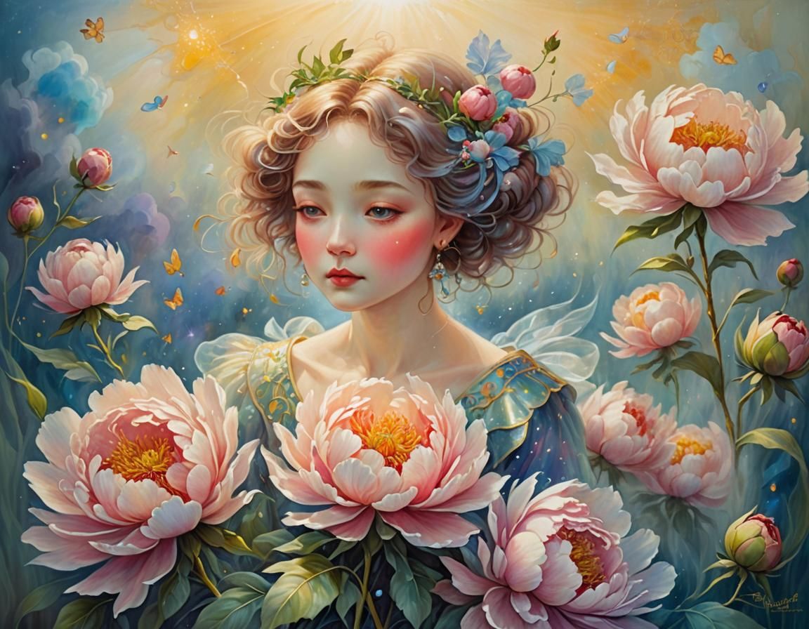 Ethereal Peony Fairy in Oil Painting Style