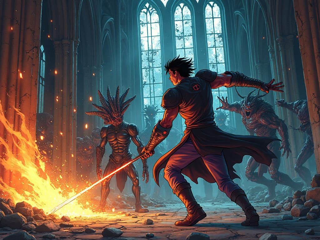 warrior surrounded by monster