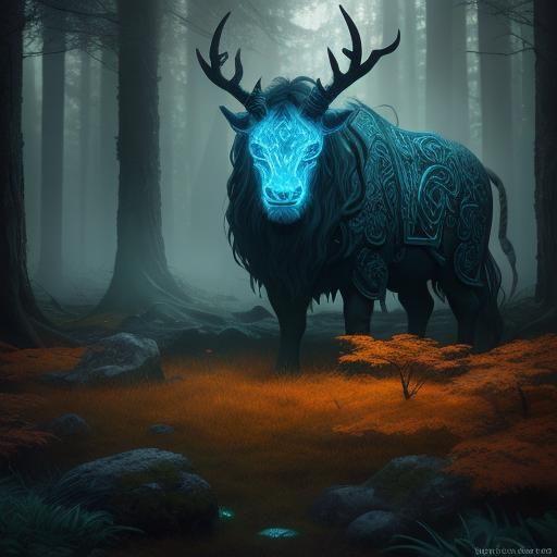 Mystical Forest Scene with Horned God in Fantasy Art