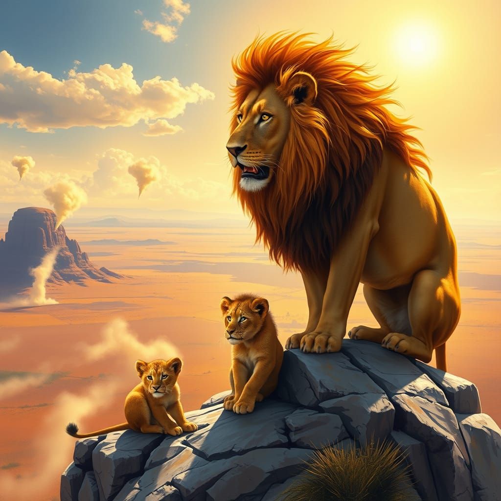 Fiery Lion and Cub Overlook Sun-Drenched Savanna