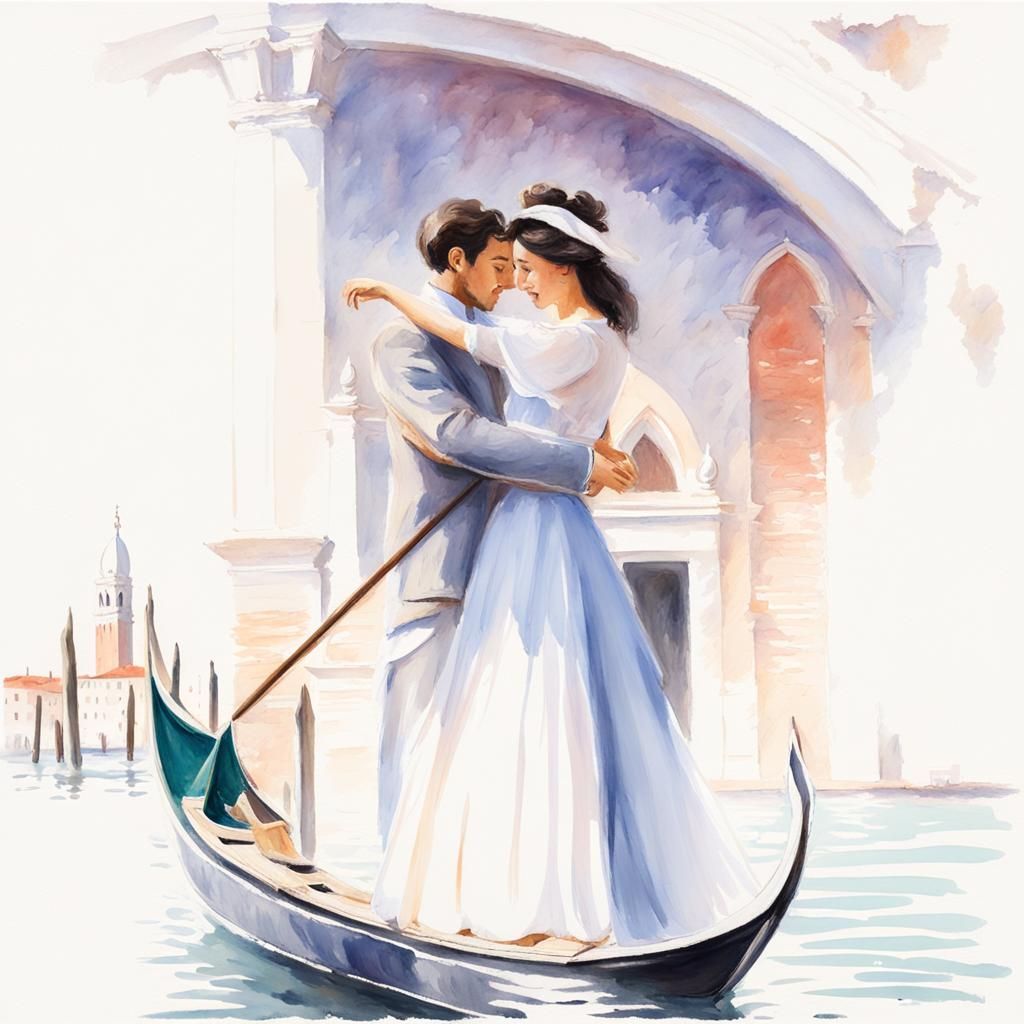 Romantic Gondola Ride in Venice: Pastel Watercolor