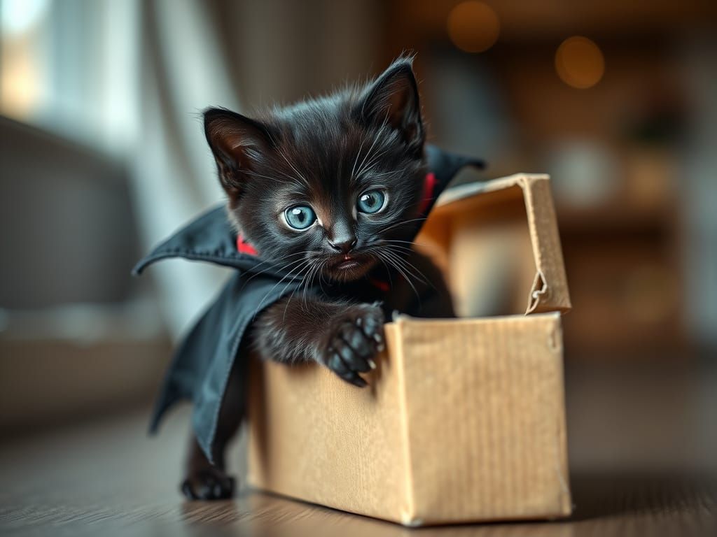 Cute Dracula Kitten in Toy Coffin