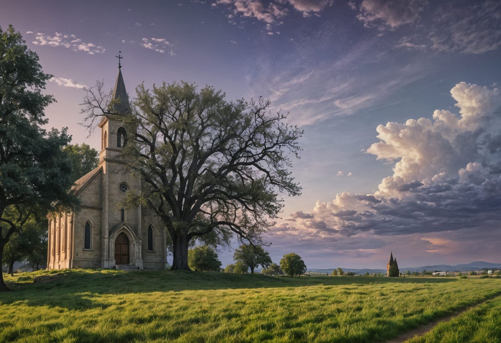Hyperrealistic Church Amidst Plains Under Purple Sky