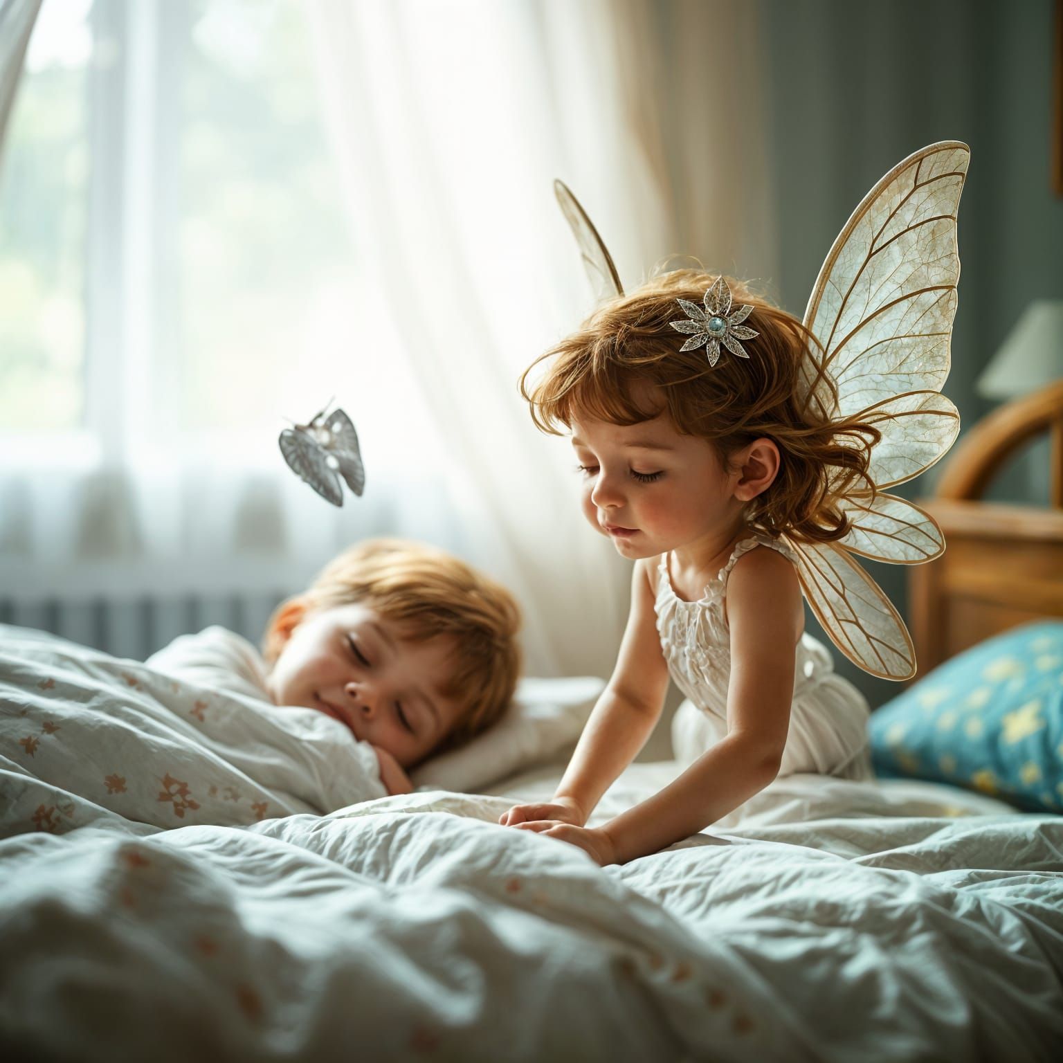 Realistic Tooth Fairy Hovers Over Sleeping Child