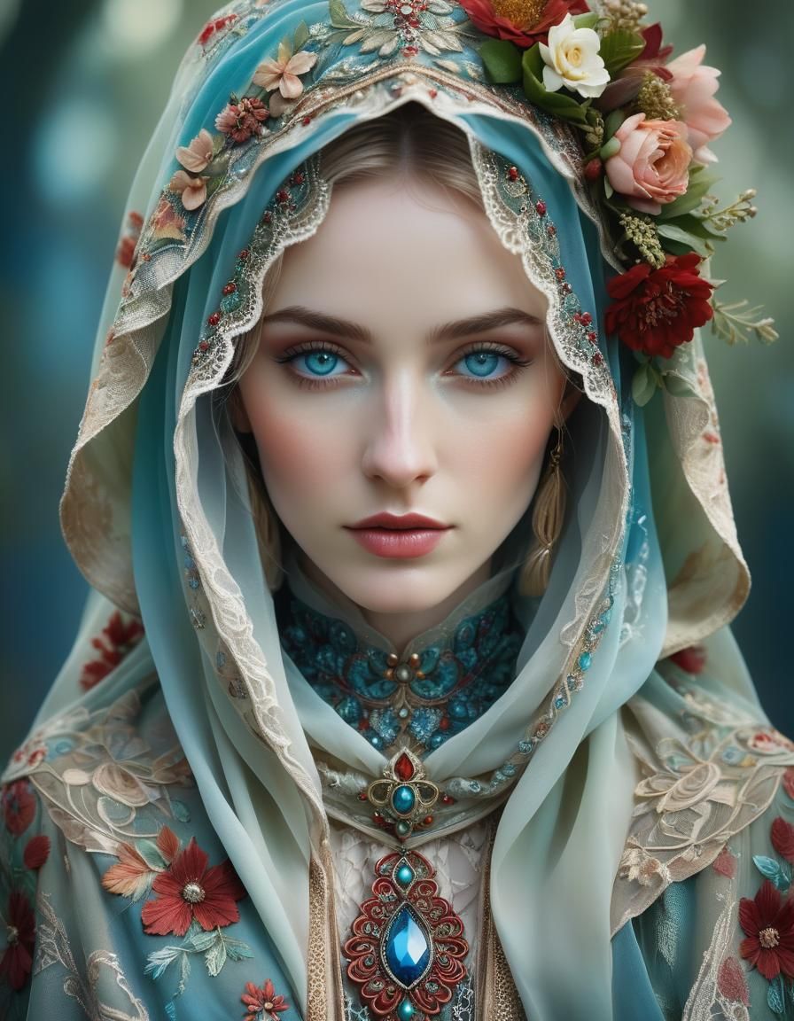A portrait of a young woman with striking features and captivating blue eyes, partially veiled by a translucent, ornate ...