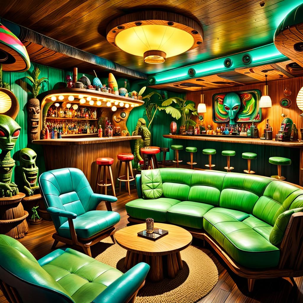 Colorful Alien Tiki Bar Living Room in Woodpunk Style