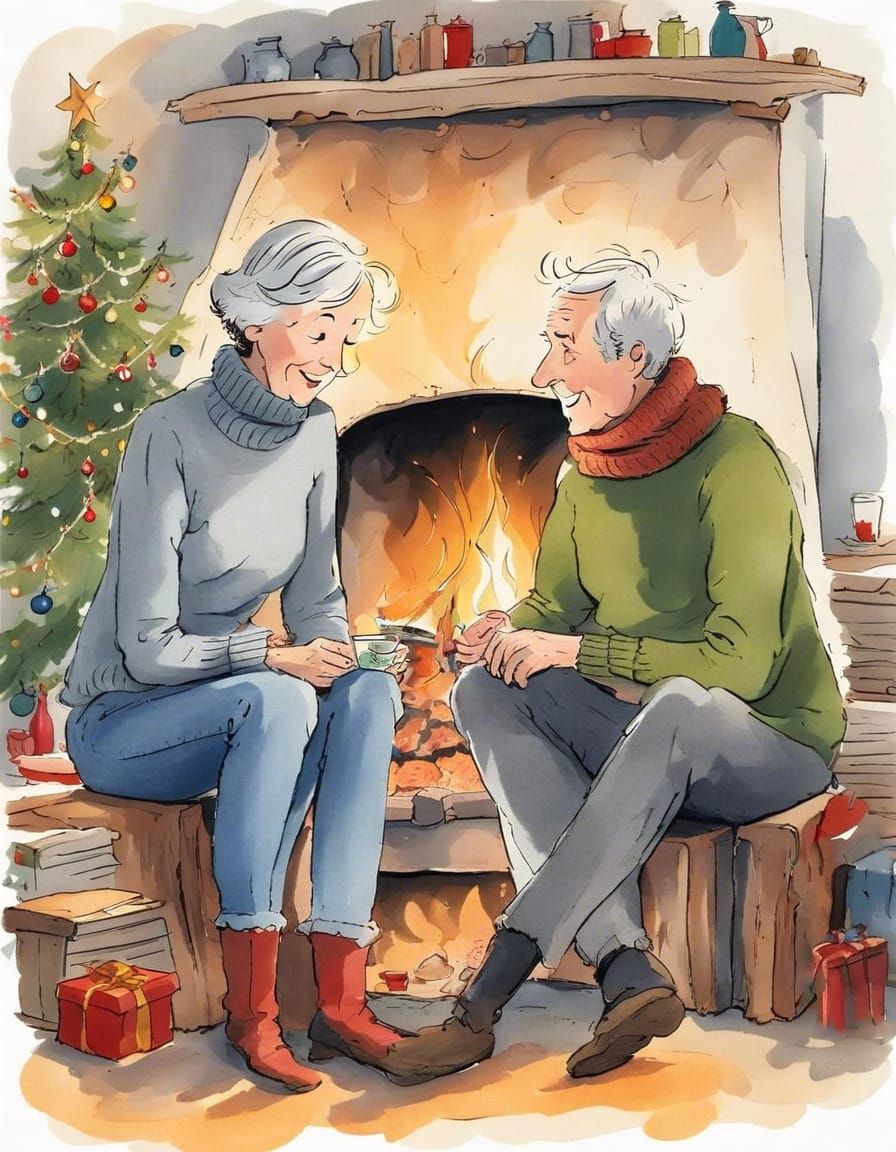 Cozy Couple by Christmas Tree, Illustrated Style