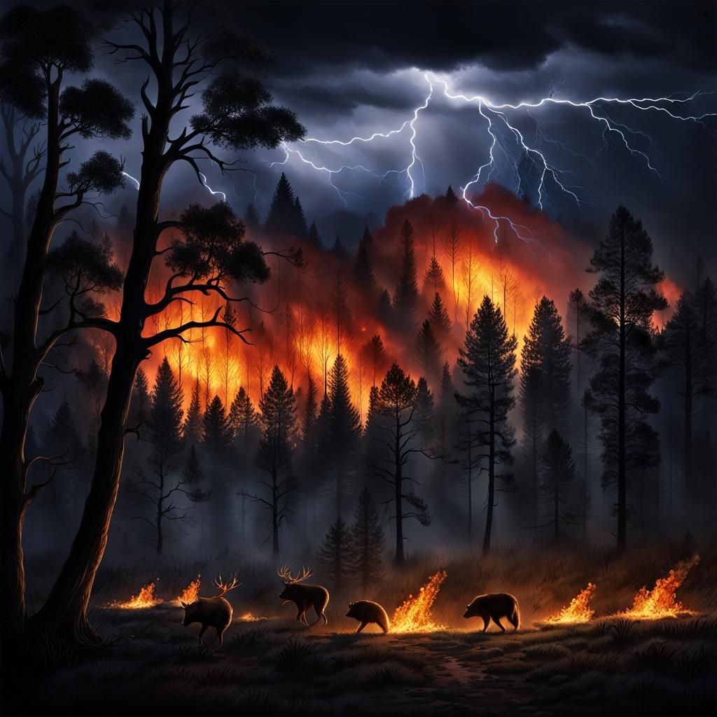 Lightning Strikes Tree, Igniting Forest Fire