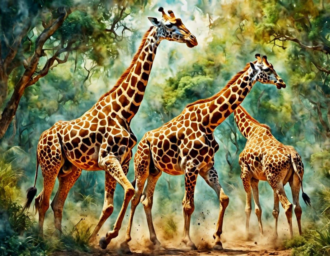 Giraffe Race in Gouache Watercolor Style