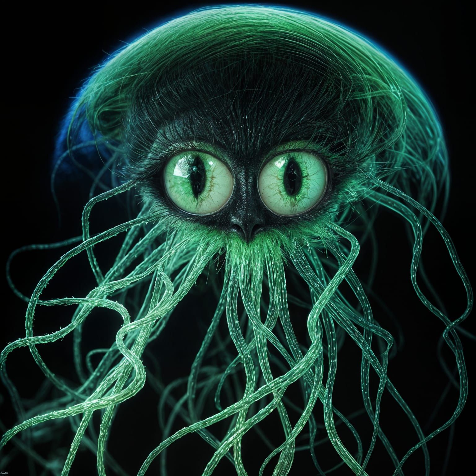 tendrils and bright green eyes