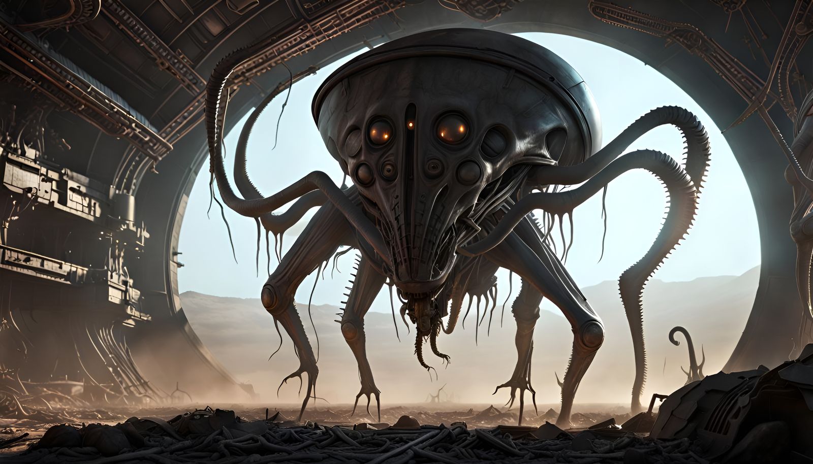 Dystopian Alien Battlefield in Dark Sci-Fi Style