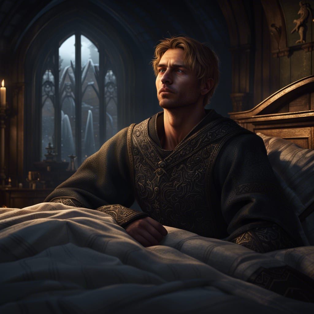 Medieval German Man in Bed, Dark Fantasy Concept Art