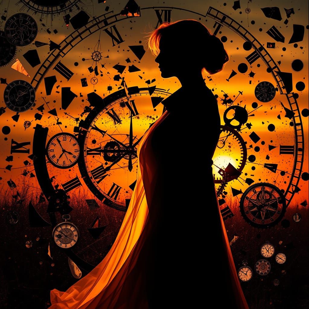 Golden-Lit Woman in Shattered Clocks
