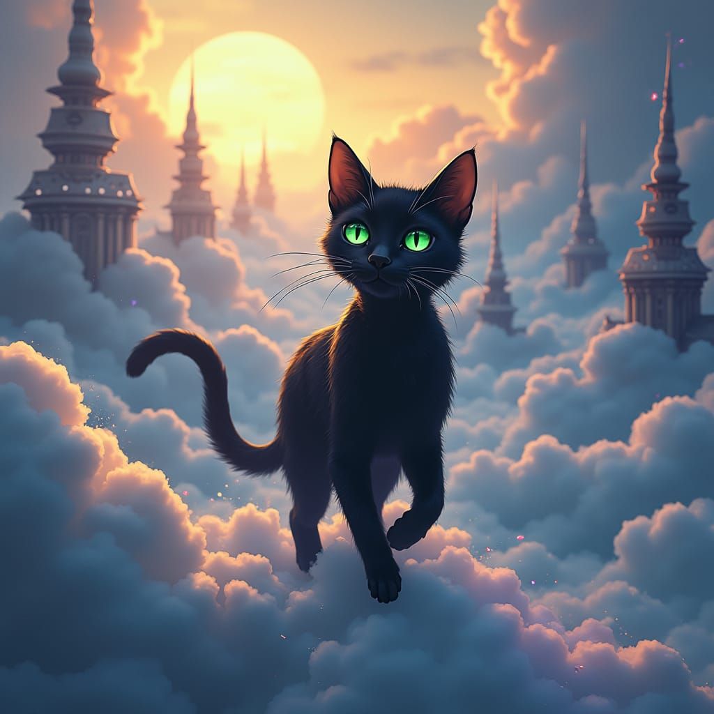 Black Cat in a Cloud City, Fantasy Concept Art