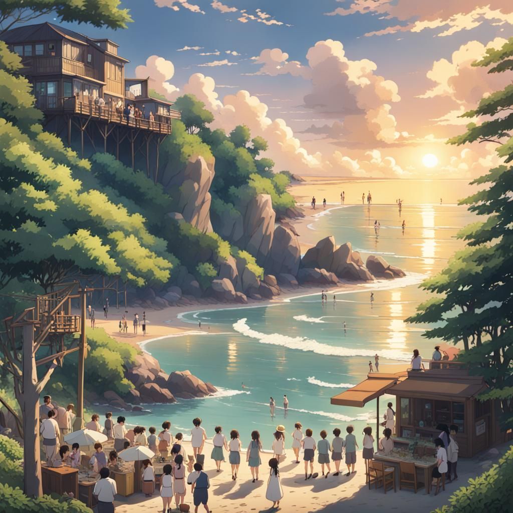 Beach Party in Summer: Ghibli-Inspired Anime Art