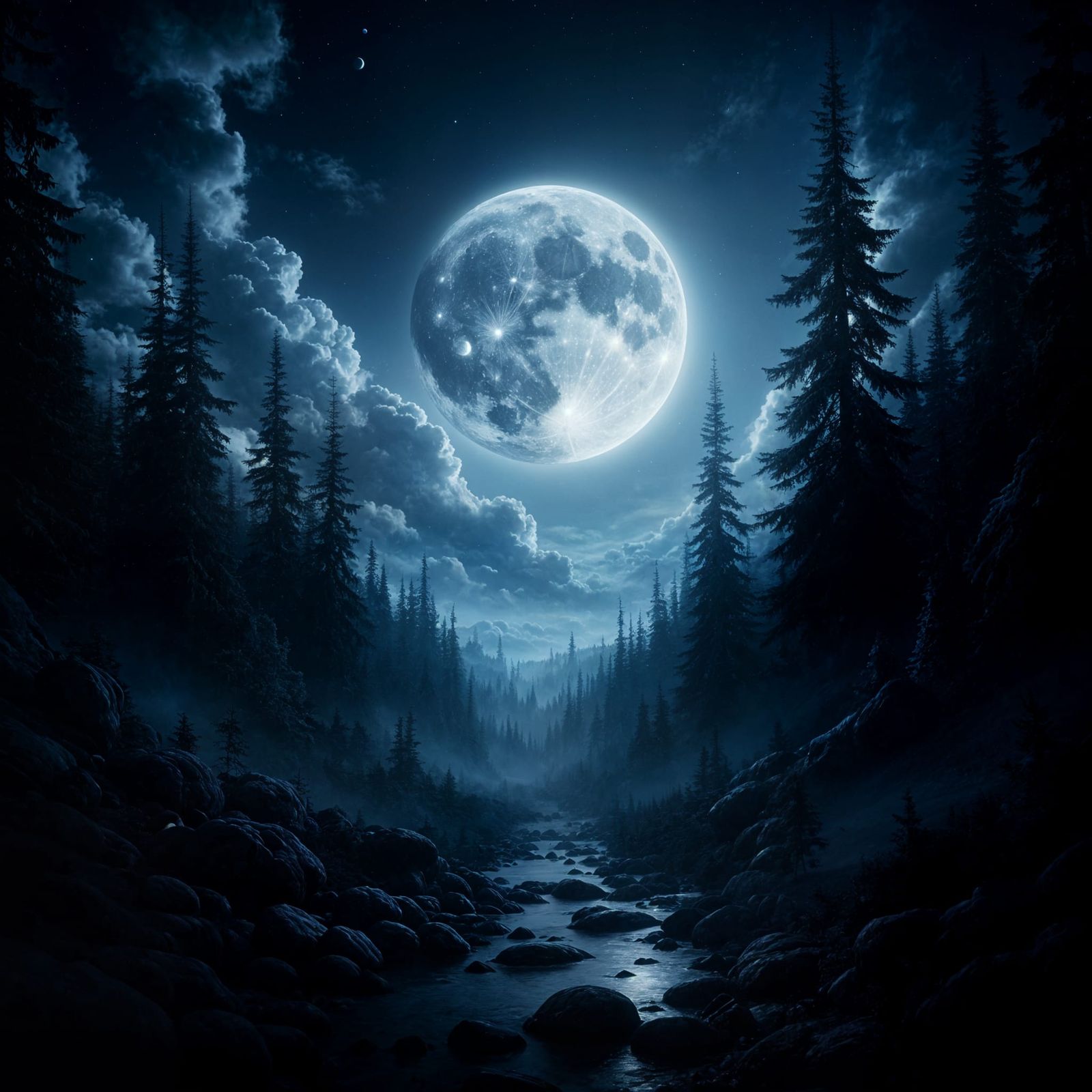 Eerie White Moon Over a Dark Forest