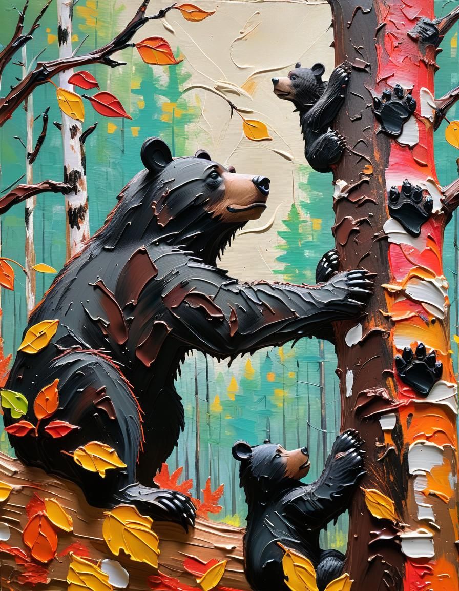 Black bears in the forest, cute cubs climbing the tree, acry...