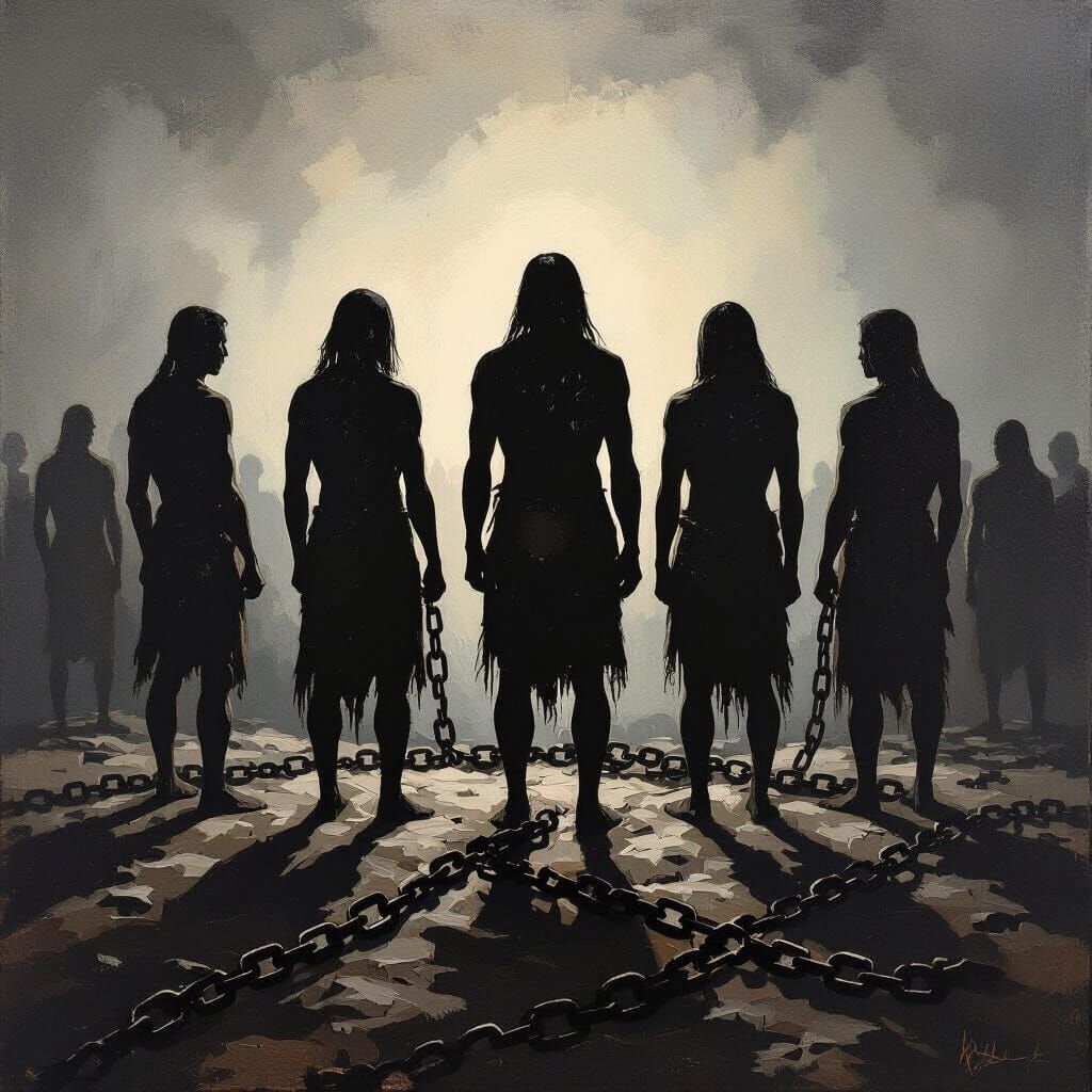 Dark Textured Oil Painting Of Indigenous Figures And Broken ...