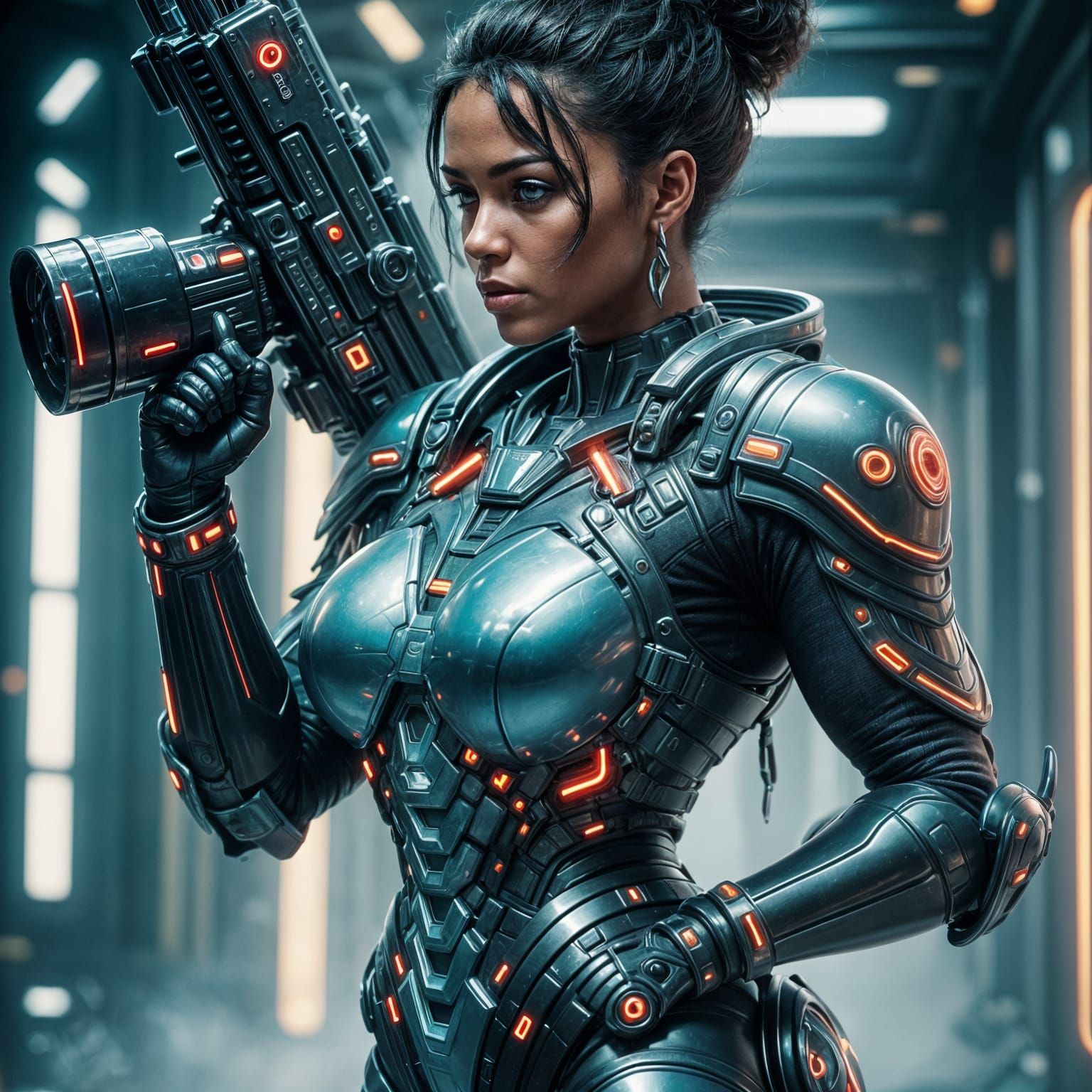 Cyborg Warrior Woman in Teal Space Armor
