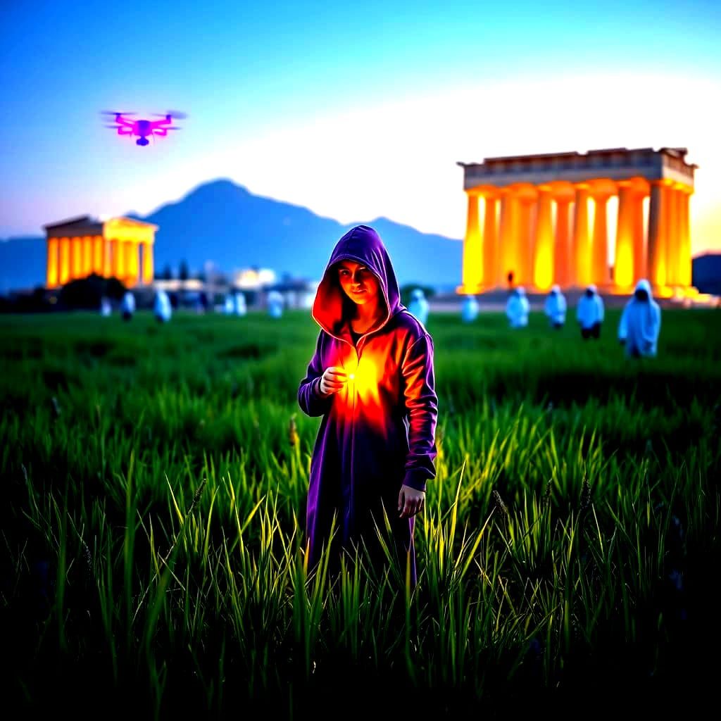 Neon Goddess Among Ancient Ruins