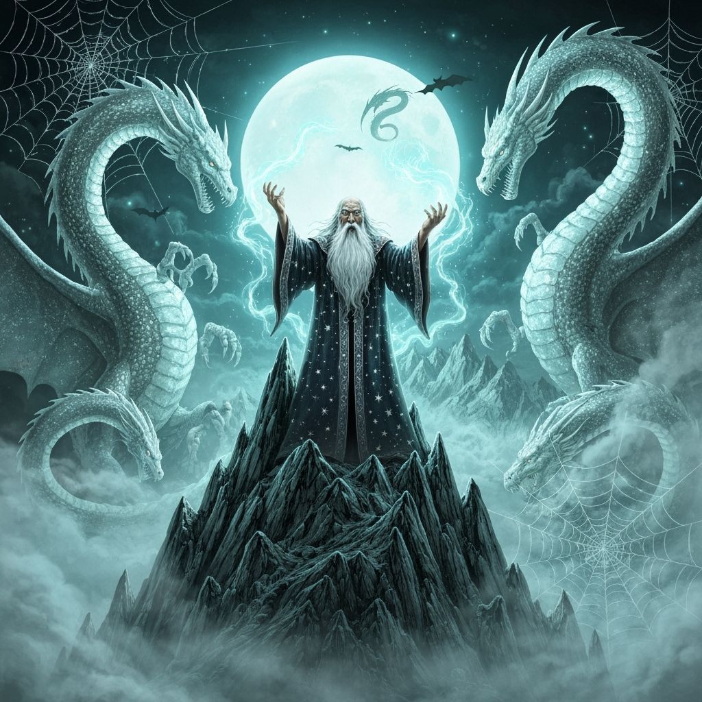 Wizard Conjures Ethereal Energy With Dragons and Spiders