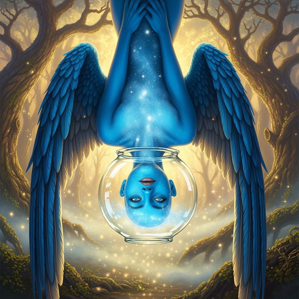 Blue Winged Humanoid in Fishbowl with Ethereal Mist