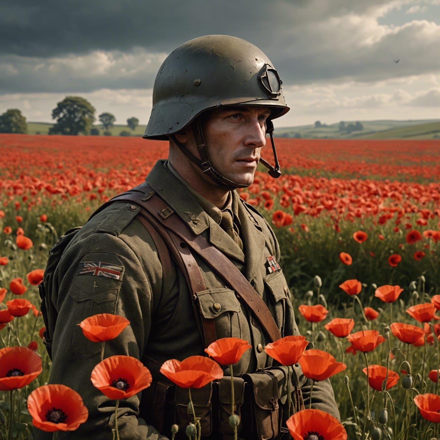 WWII Helmet in Poppy Field: Epic Cinematic Scene