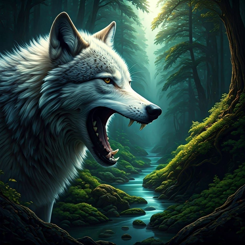 Surreal Wolf Devouring a Vibrant Forest
