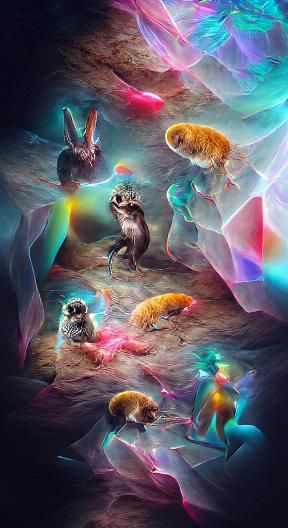 Grooving Furry Animals in Cave, a Cosmic Illustration