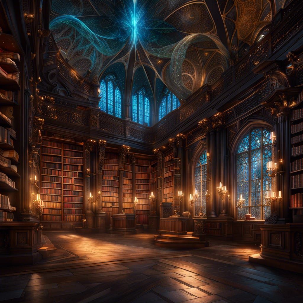 Magical Library with Glowing Books, Digital Art